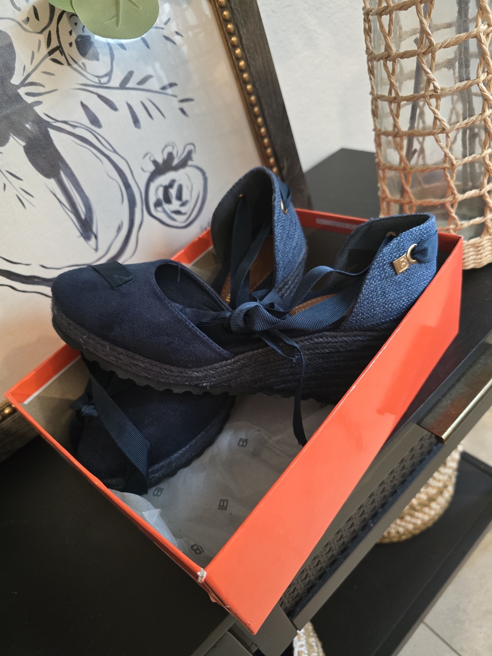 Laura Biagiotti Women’s Blue denim Suede Espadrilles Wedge Ankle Strap lace up 9